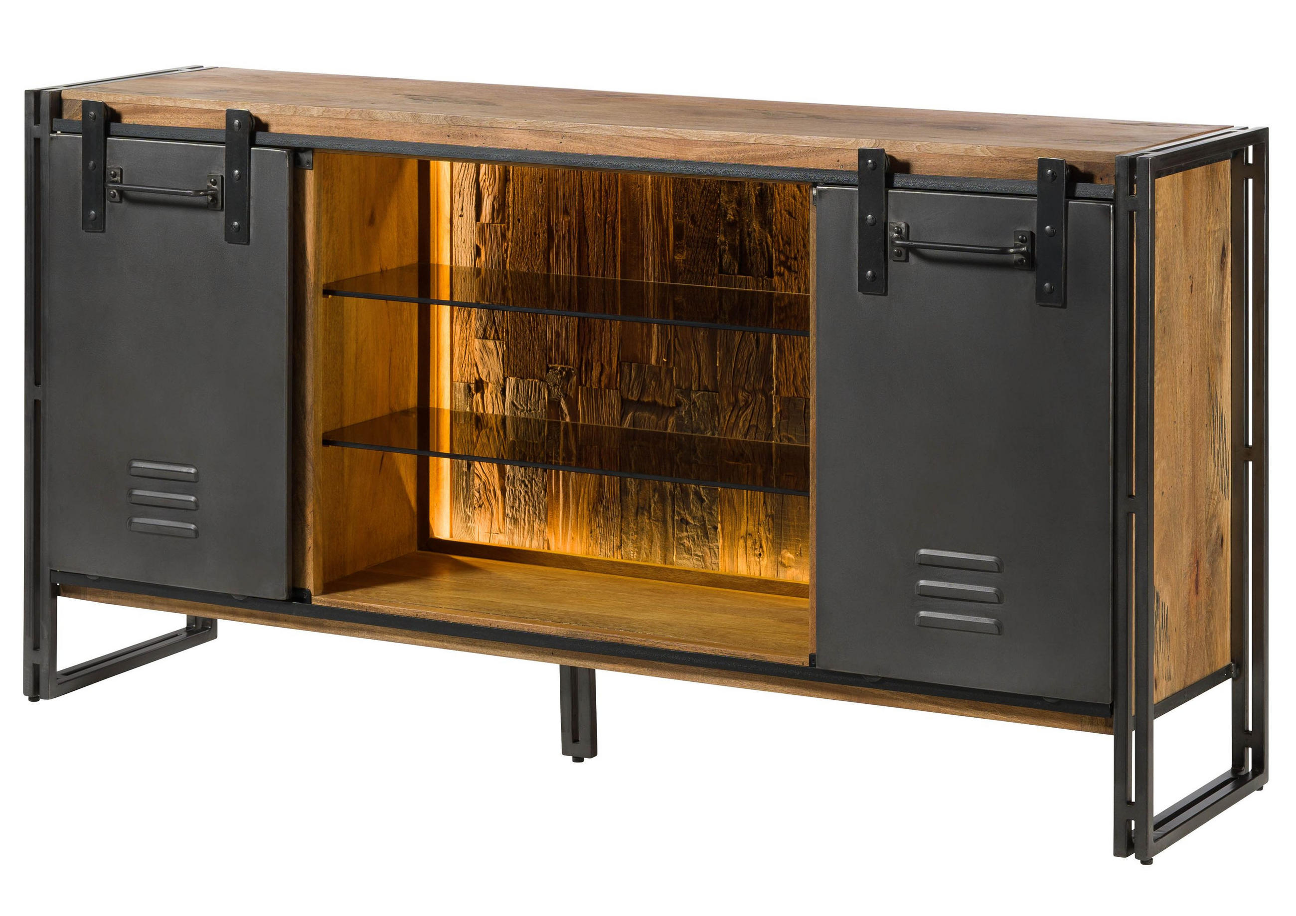 SIDEBOARD Mango / Altholz 180x45x90 natur / grau lackiert / Metall grau BLACKBURN LUX #552 - Braun, Holz (180/90/45cm) - Massivmoebel24