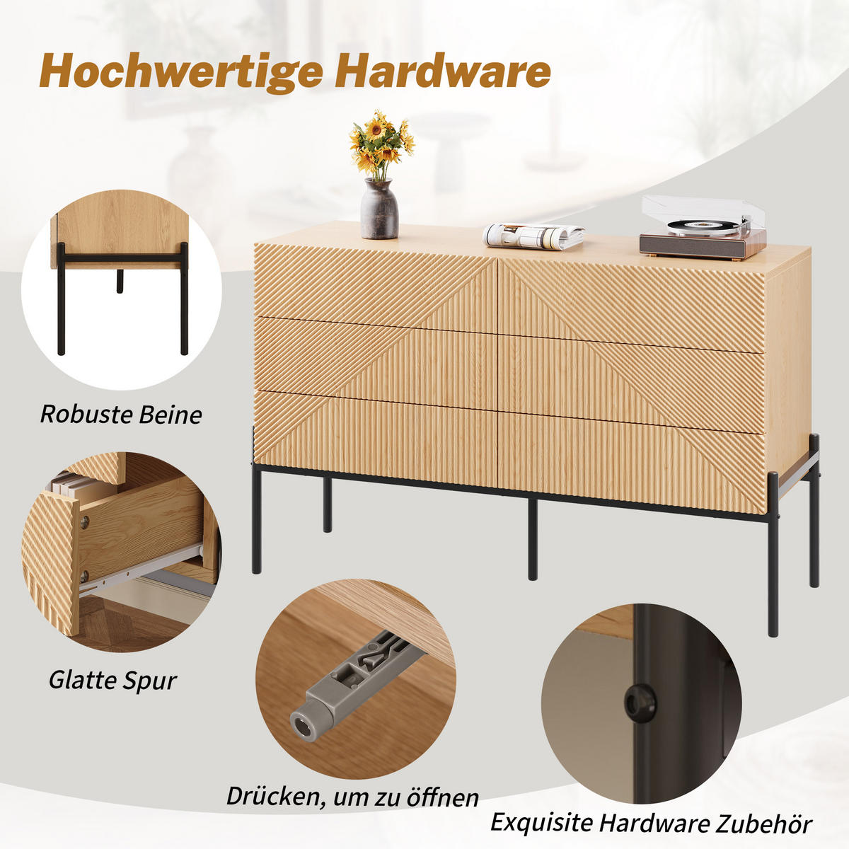 SIDEBOARD natur 3D struktur 6 schubladen 115cm - Naturfarben, Holzwerkstoff (115.5/75/38cm) - Urban Meuble