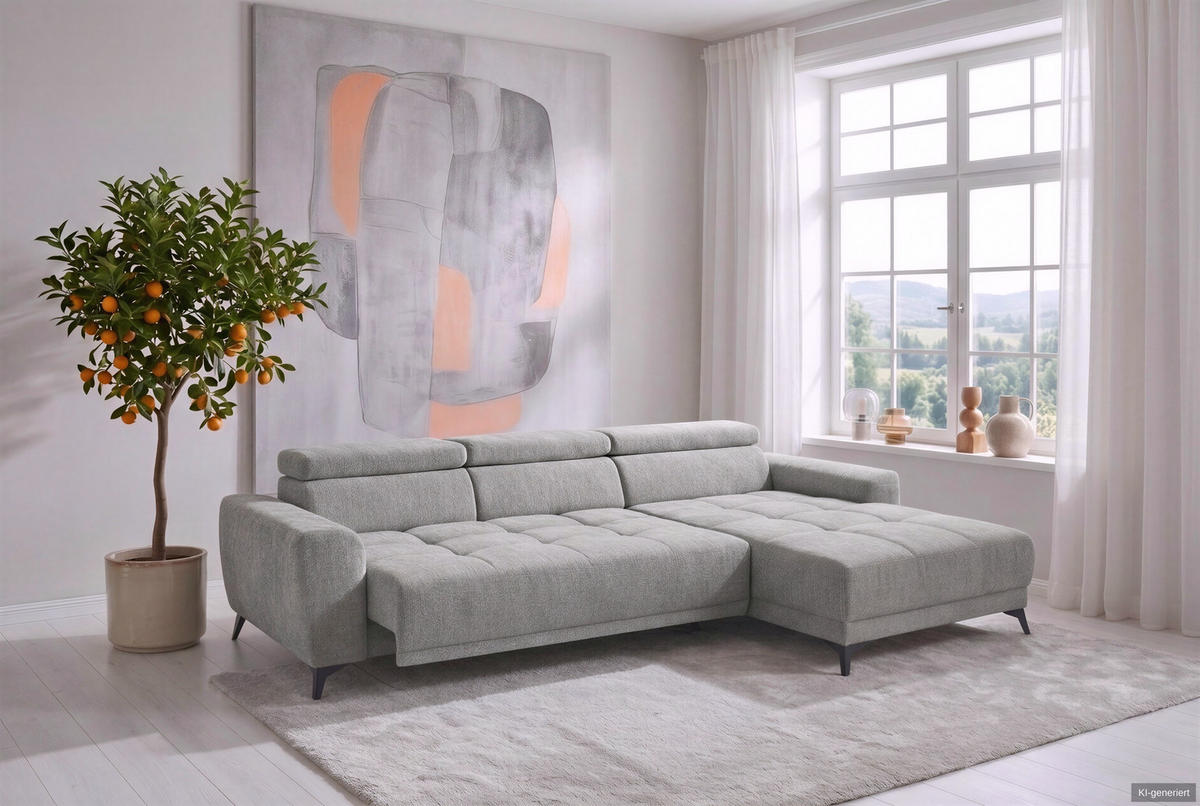 ROHOVÁ POHODA s elektrickým nastavením hloubky sedáku, nastavitelnými opěrkami hlavy, 299 × 200 × 107 cm (Š×H×V), světle šedá ženilka / 15420 - černá/světle šedá, kov/kompozitní dřevo (299/200cm) - luma-home