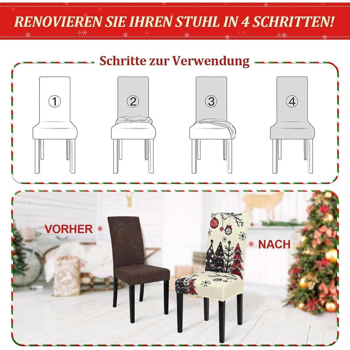 STUHLHUSSEN 6er Set Weihnachts-Design Weiß - Multicolor, Textil (40/42cm)