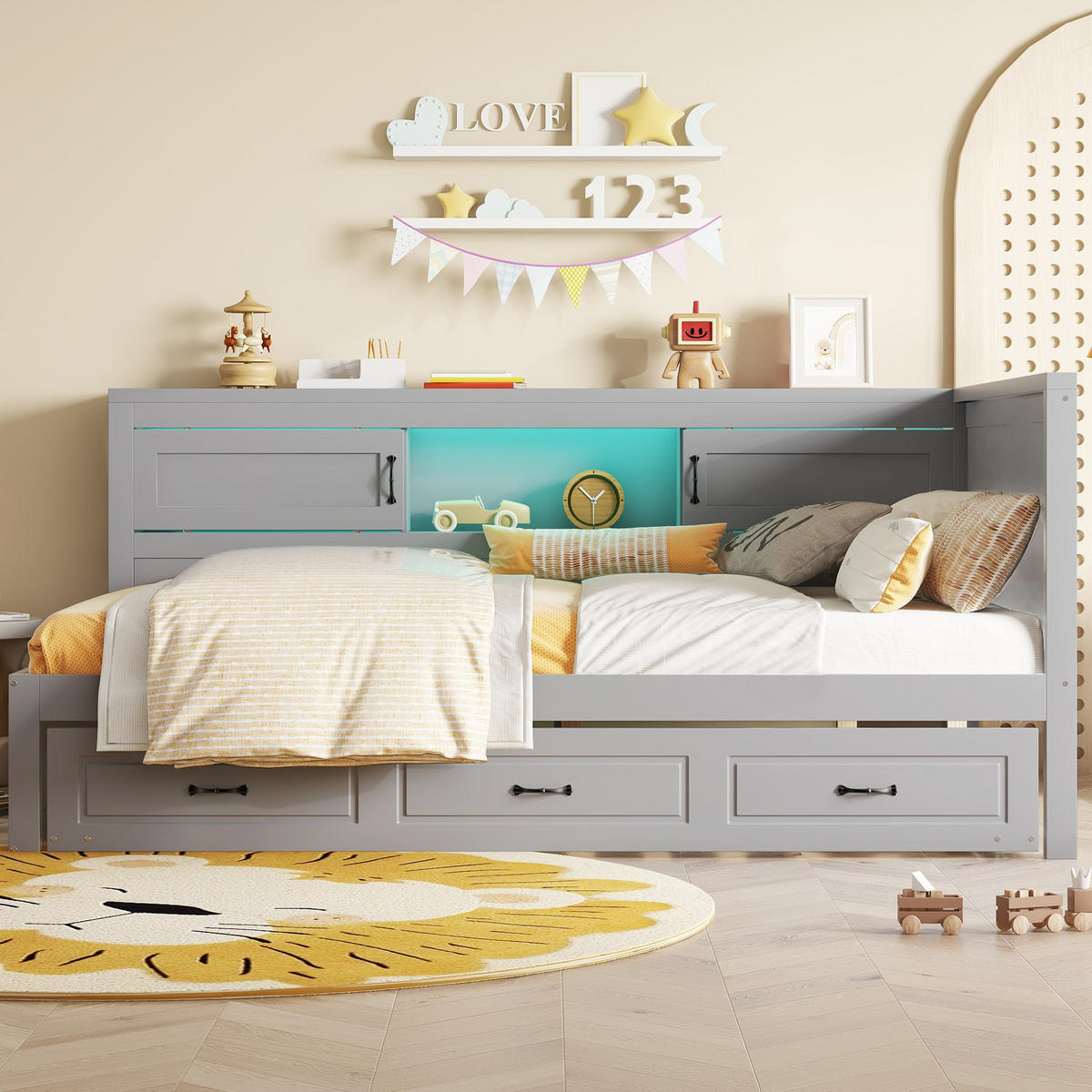 BETT 90/200 cm mit Ausziehbett, LED, USB und Stauraum in Grau - Grau, Holzwerkstoff (90/200cm) - BEAOK
