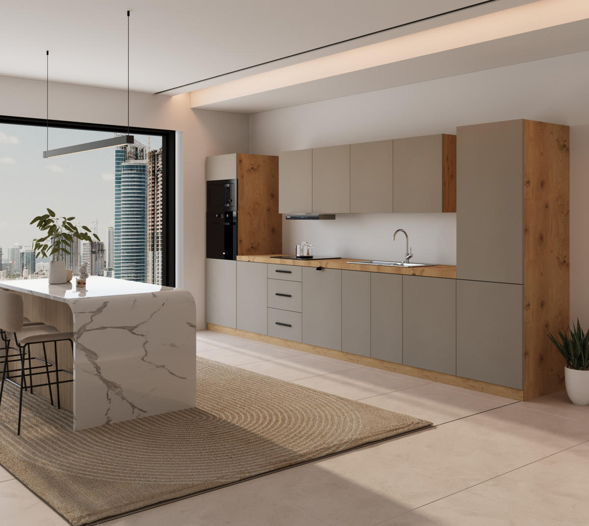 KÜCHENZEILE 440 cm - Langen KL7-M440 in Beige/Matt - Beige, Holz/Metall (440/212/58cm)