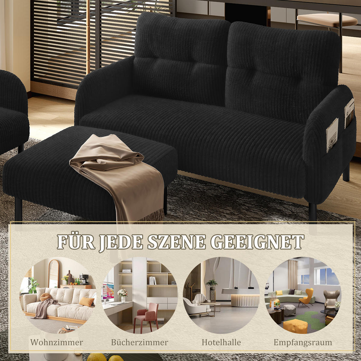 SOFA Set, 2-Sitzer+Sessel+Hocker, Cord, Schwarz - Schwarz, Textil/Metall (120/79/75cm) - LVHOM