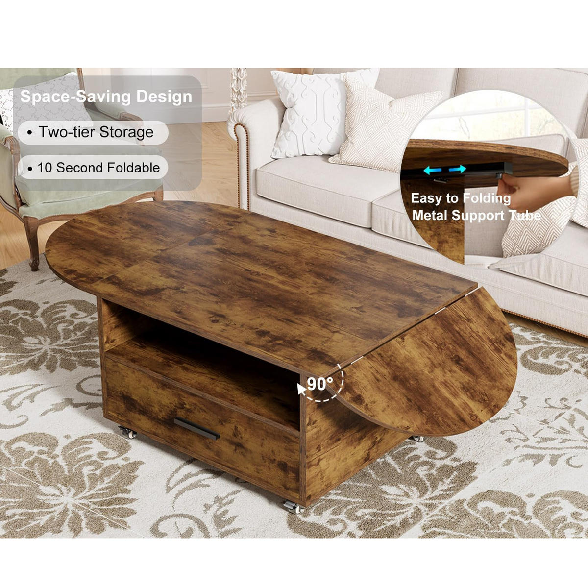 COUCHTISCH Wohnzimmertisch mit Stauraum 120 x 60 x 45 cm Klappplatte - Wildeiche, Holzwerkstoff/Metall (120/120/45cm) - Quality Elegance