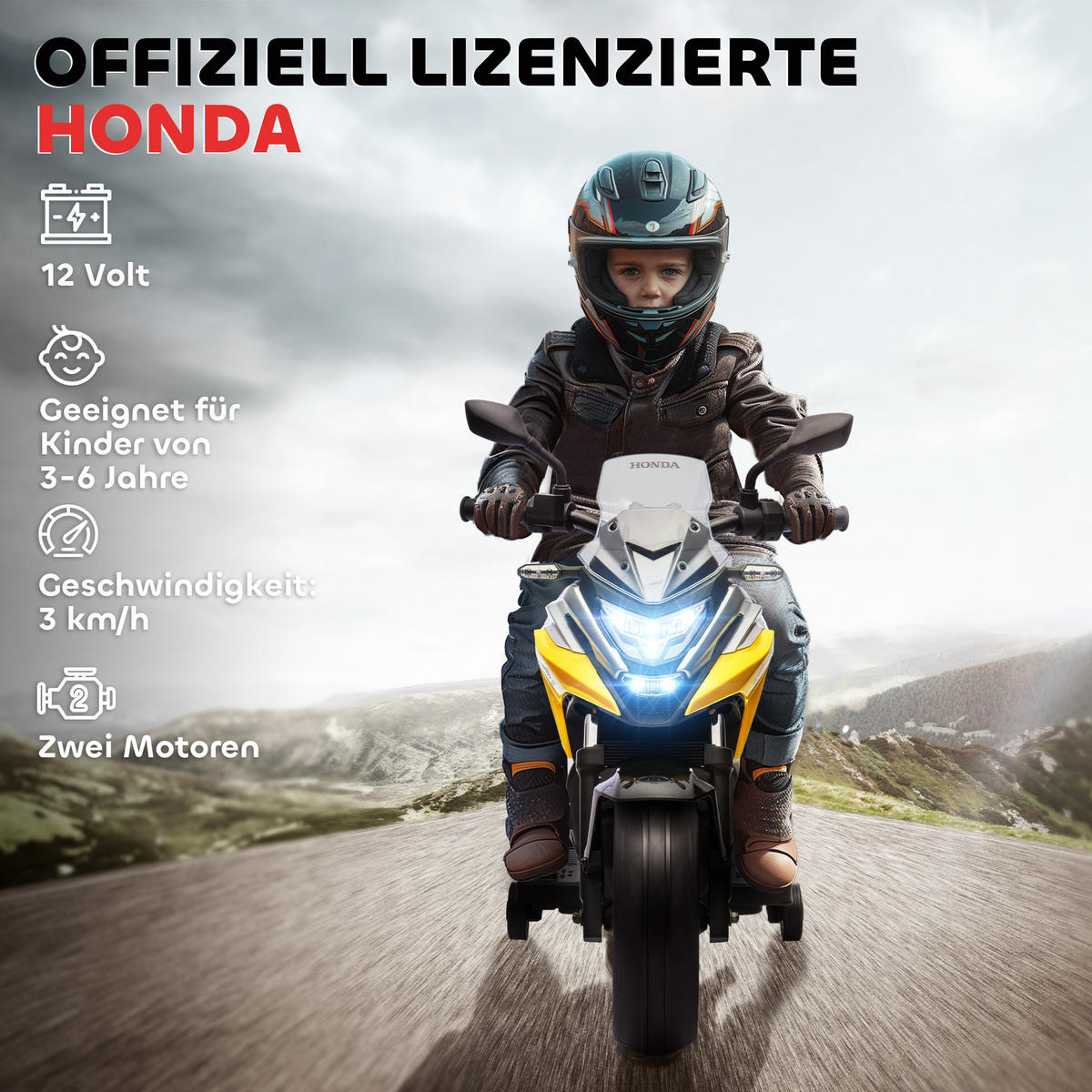 KINDER-ELEKTROMOTORRAD 12V Kindermotorrad mit MP3, USB, LED-Scheinwerfer in Gelb - Gelb, Metall (107/46/75cm) - AIYAPLAY