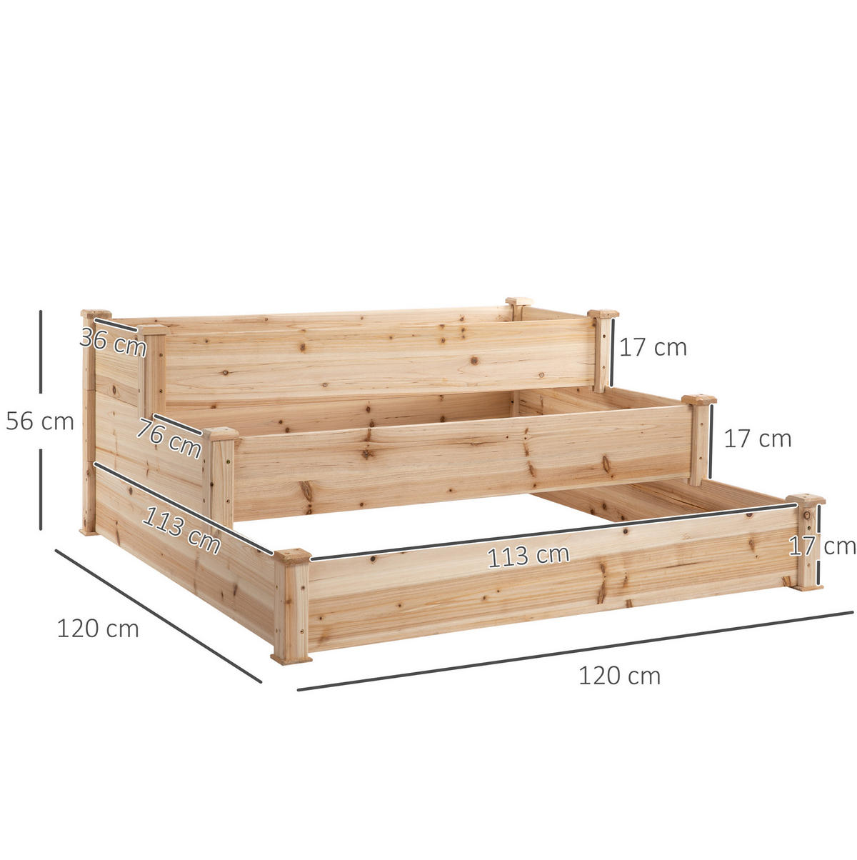BLUMENKASTEN aus Holz 120x120x56 cm in Natur mit 3 Ebenen - Naturfarben, Holz (120/56/120cm) - Modfu