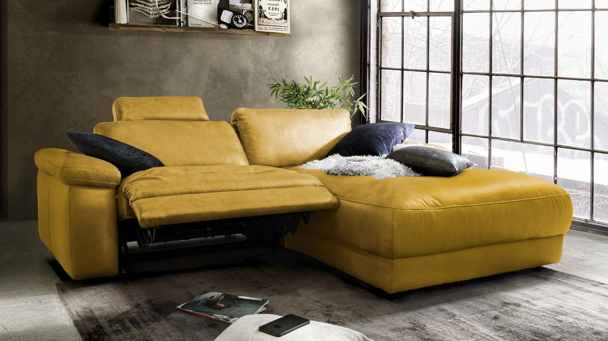 ECKSOFA MOTORISCH. RELAXFUNKTION LOLA Gold Webstoff - Goldfarben/Schwarz, Textil (233/178cm) - KAWOLA