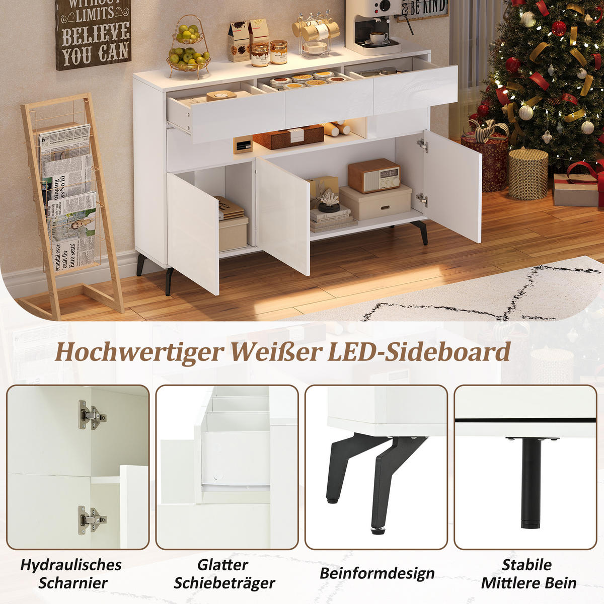 SIDEBOARD 140 cm Hochglanz-Kommode mit 3 Schubladen, 5 Schränken & LED-Lichtleiste Weiß - Weiß Hochglanz, Holzwerkstoff (140/94/30cm) - Urban Meuble