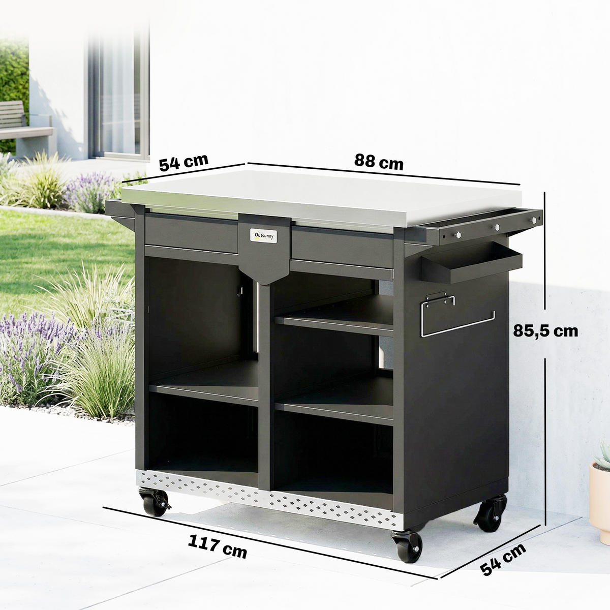GRILLWAGEN Edelstahl Schwarz - Schwarz, Metall (54/85.5/117cm) - Outsunny