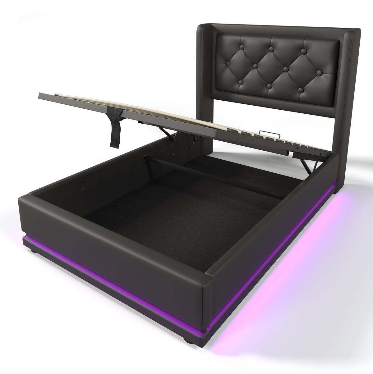 BETT mit Stauraum und Matratze 90x200 cm PU Schwarz - Schwarz, Metall (90/200cm) - Meubliv