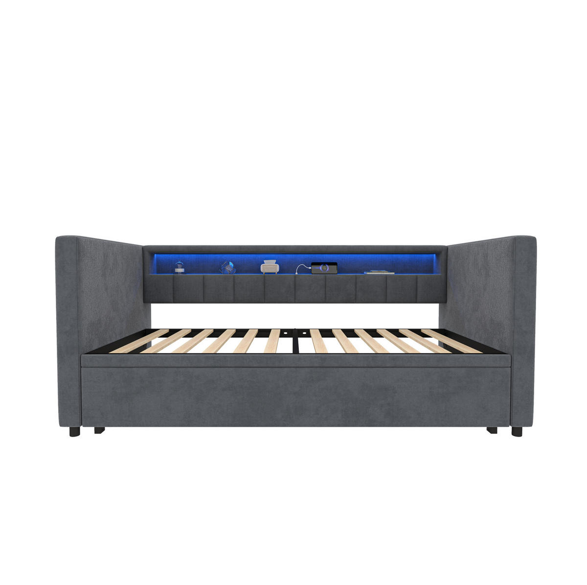POLSTERBETT aus Samt 90x190 cm in Dunkelgrau mit LED & USB-Type-C - Dunkelgrau, Textil (90/190cm) - Modfu