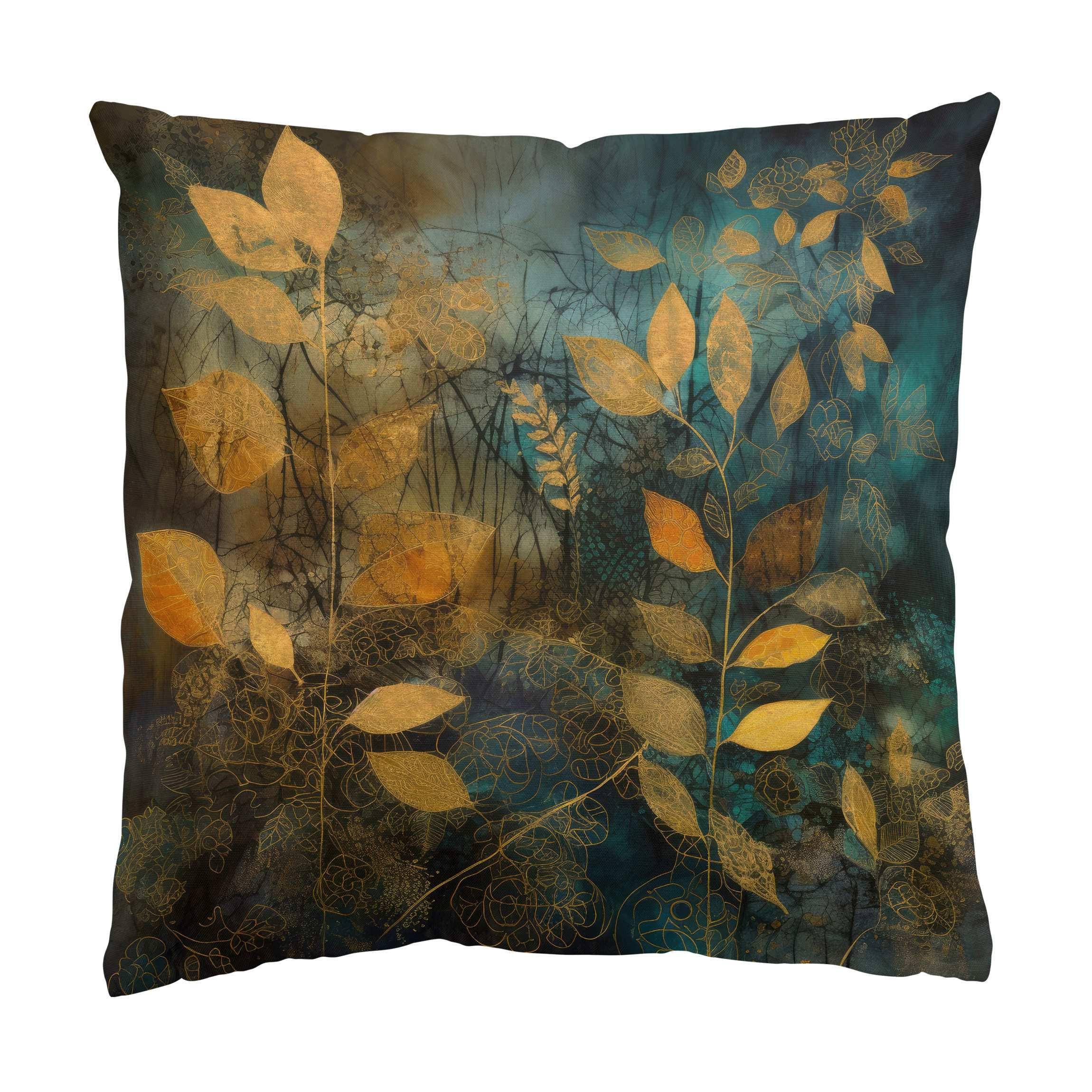 KISSENBEZUG Goldene Blätter auf Blau 50/50 cm - Goldfarben, Textil (50/50cm) - Bilderwelten