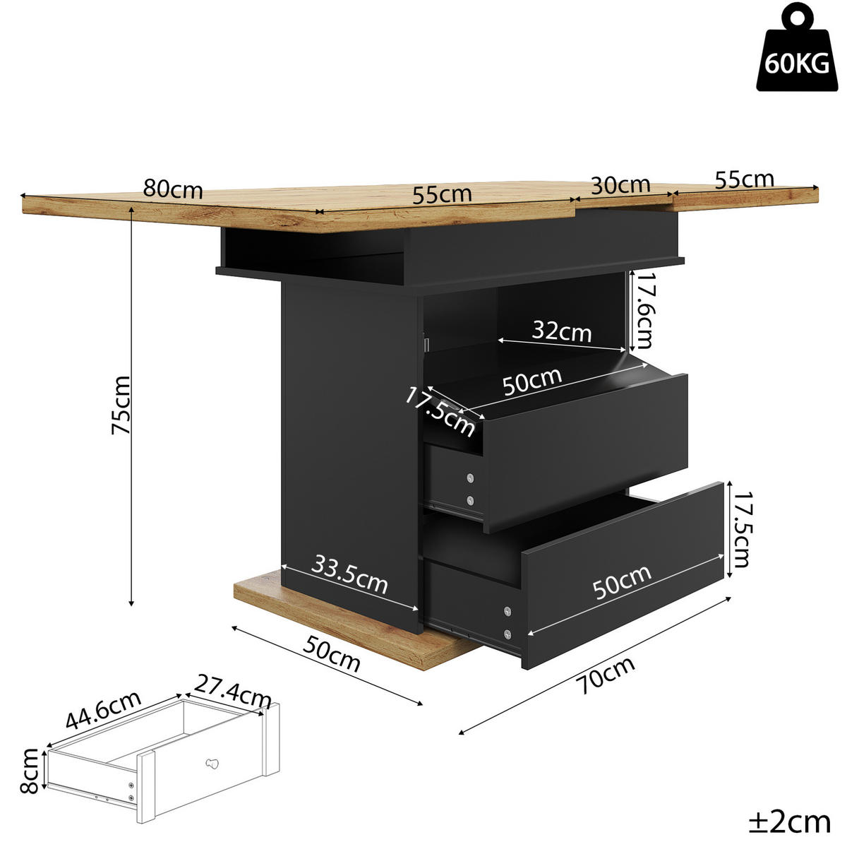 ESSTISCH Ausziehbarer aus MDF mit Stauraum, 110-140/80/75 cm, Schwarz - Schwarz, Holzwerkstoff (110/80/75cm) - Redom