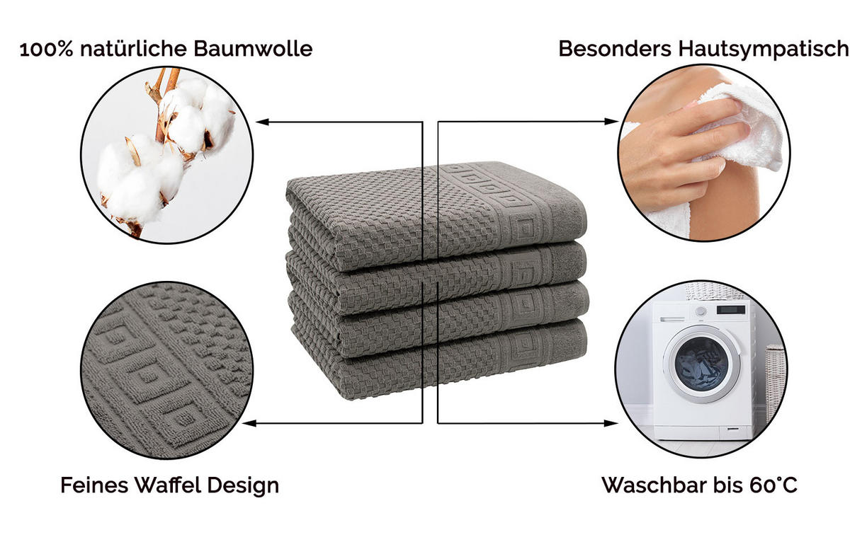 DUSCHTÜCHER, 4er-Set, 70x140 cm, 100% Baumwolle, Grau - Anthrazit, Textil (70/140cm) - Zollner