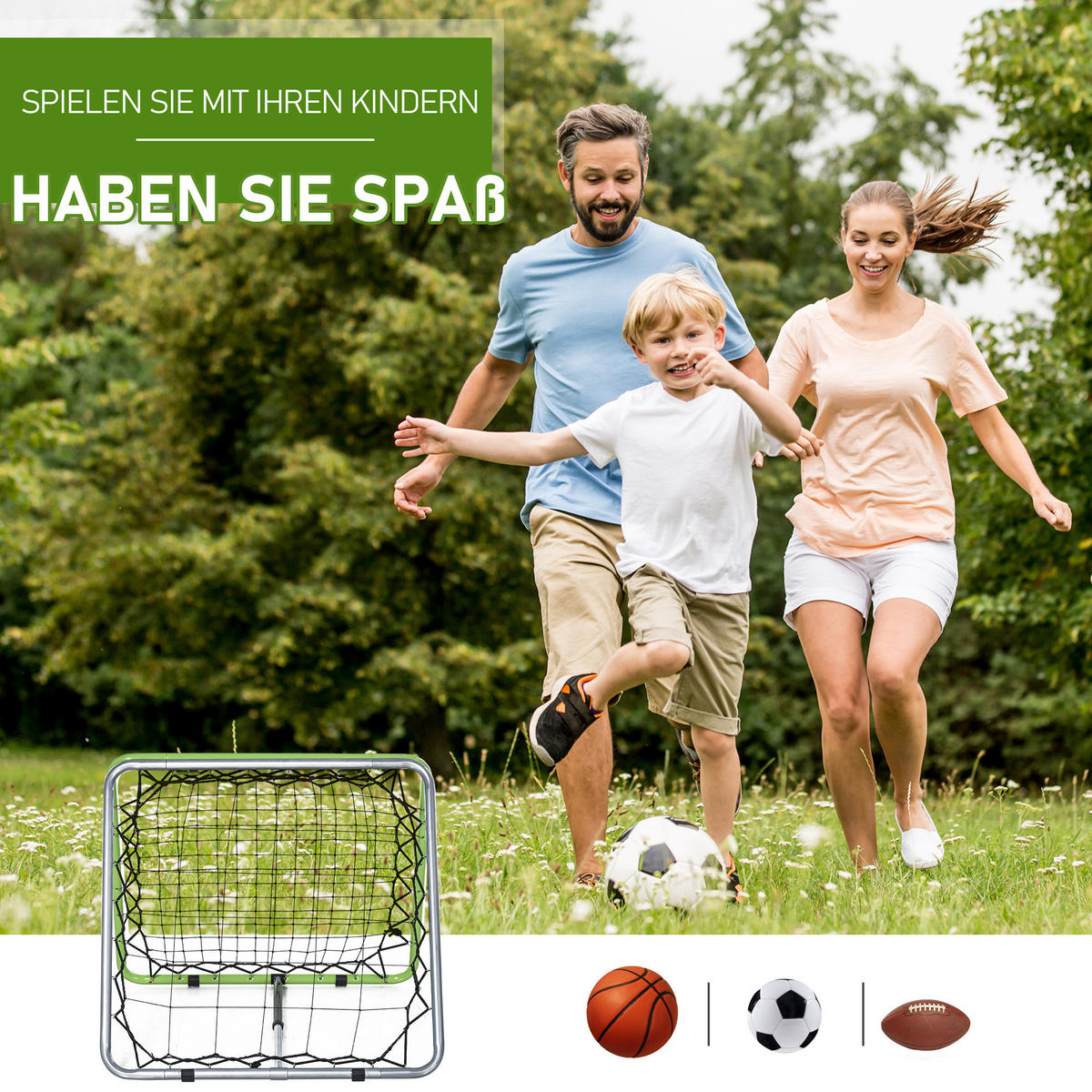 FUSSBALL REBOUNDER, Metall, Grau/Grün/Schwarz, 75 x 75 x 64 cm - Schwarz/Grau, Metall (75/75cm) - HOMCOM