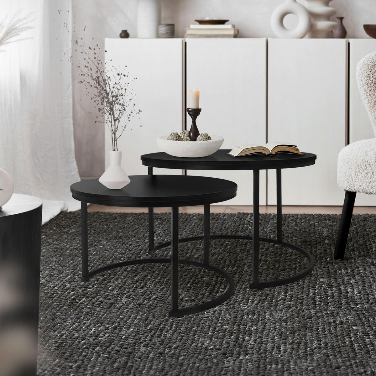 COUCHTISCH rund Schwarz 74/74/48-59/59/40 cm 2er Set - Schwarz Hochglanz, Metall (74/48/74cm) - ML-DESIGN