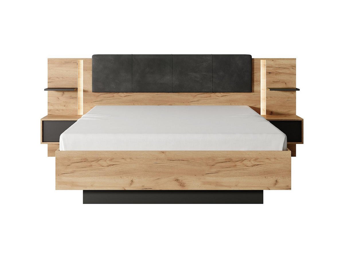 BETTRAHMEN - 2 Personen - stoff - anthrazitgrau, naturfarben hell Elynia - Anthrazit/Naturfarben, Holz/Holzwerkstoff (160/200cm) - Vente-Unique