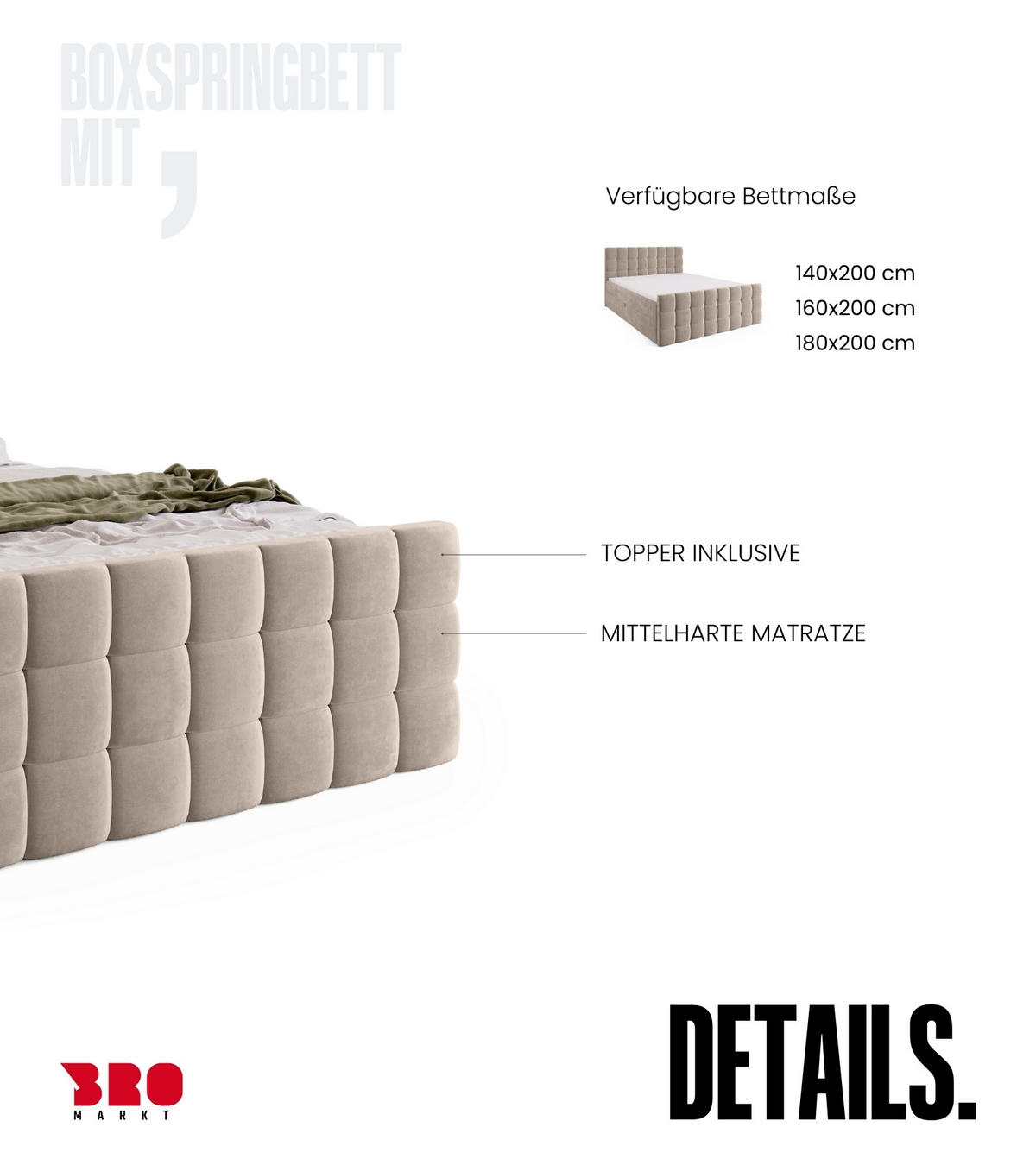 BOXBETT Dakota Duo mit Topper 140/200 Hellbeige - Creme, Holz/Textil (140/200cm) - Bromarkt