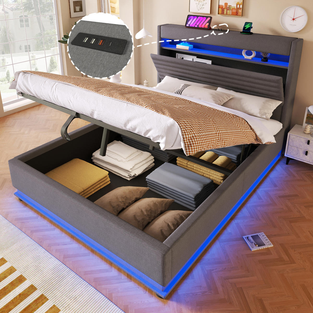POLSTERBETT 140/200 cm in Grau Leinen mit LED, USB und Stauraum - Grau, Holzwerkstoff/Textil (140/200cm) - WISHDOR