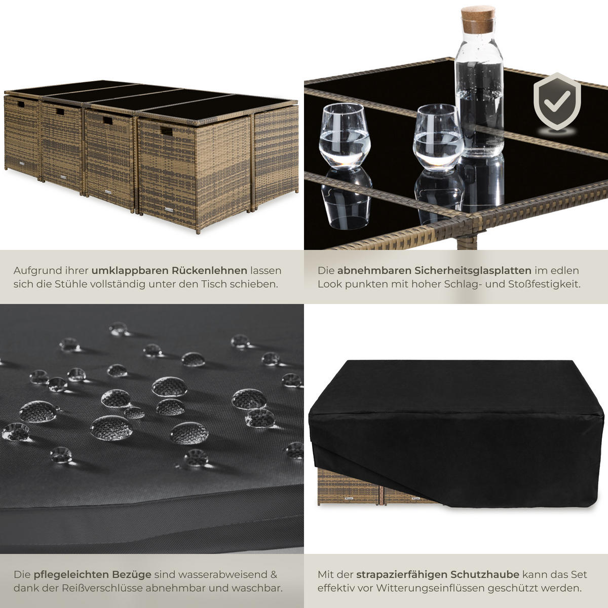 RATTAN SITZGRUPPE Palma,zusammenschiebbar, inklusive Schutzhülle,natur/dunkelgrau - Dunkelgrau/Naturfarben, Kunststoff - tectake