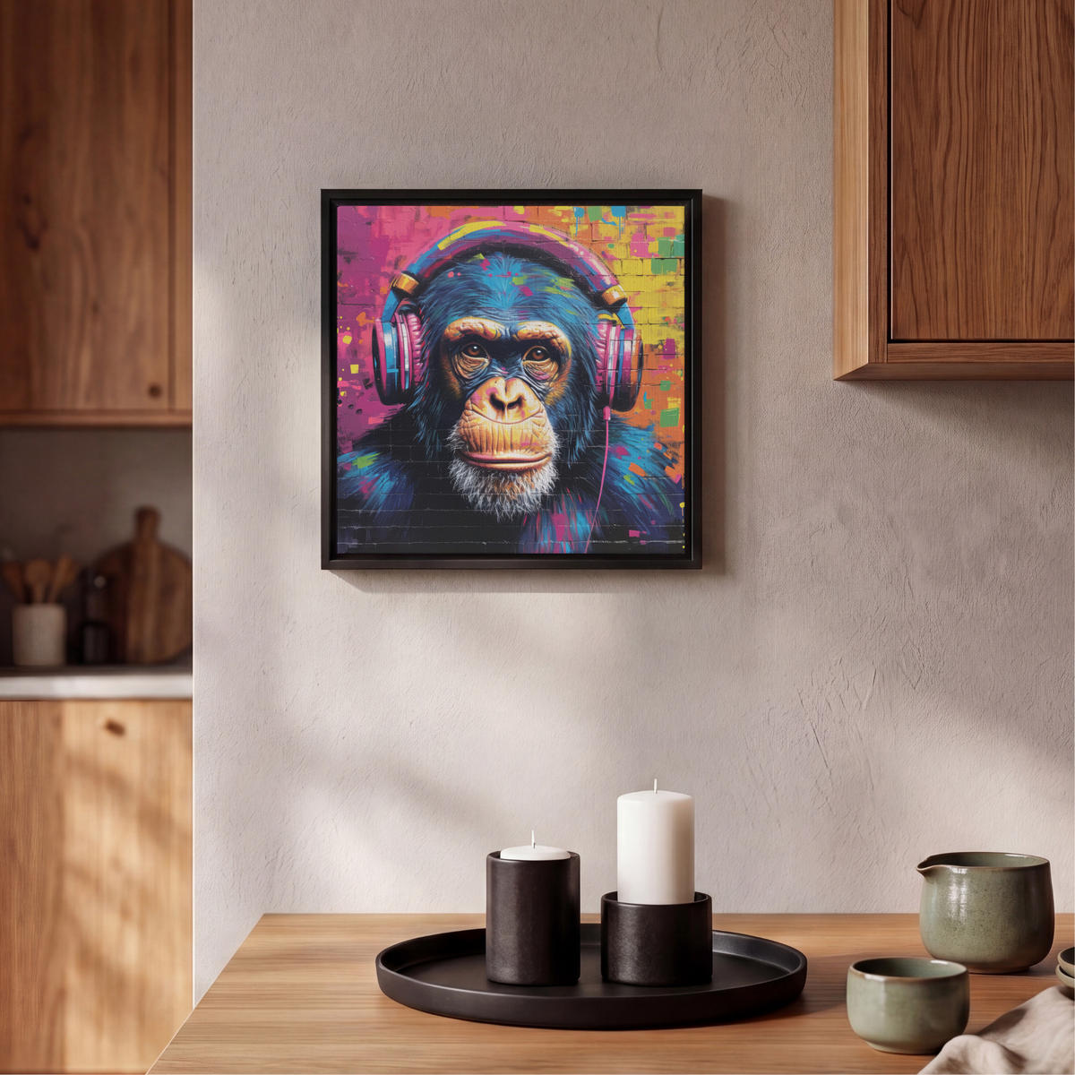 LEINWAND Bilder mit Rahmen - Graffiti - Schimpanse - Straßenkunst - Kopfhörer - Affe - 20x20 - Blau, Textil (20/20cm) - MuchoWow
