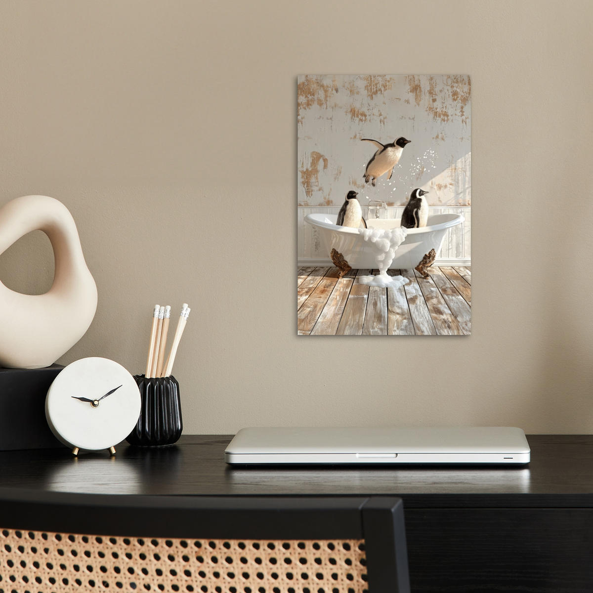 POSTER Vintage - Pinguin - Badewanne - Schaumstoff 20x30 cm - Schwarz, Papier (20/30/0.1cm) - MuchoWow