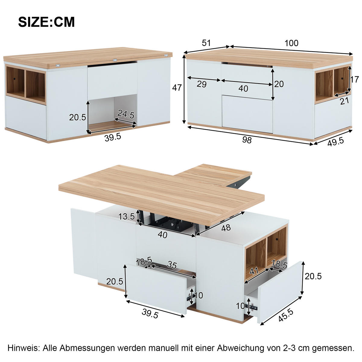 COUCHTISCH DE-057 Multifunktion Weiß/Originalholzfarbe - Weiß, Holzwerkstoff (51/100/47cm) - ComfortXL