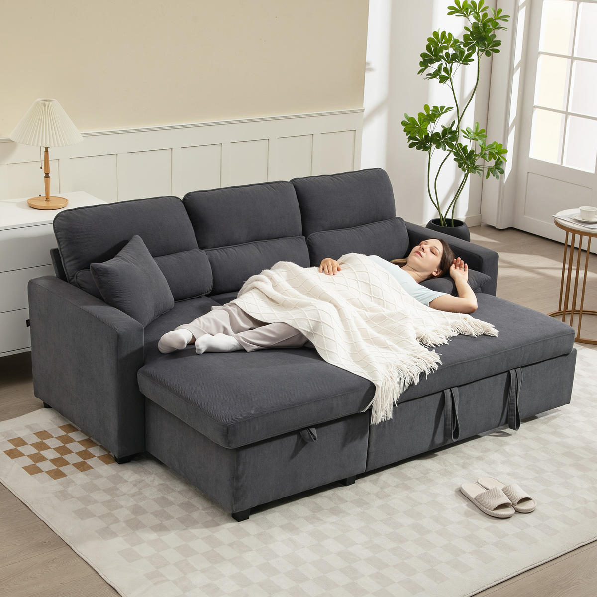 ECKSOFA DE-08240 L-förmig mit Stauraum & Kissen Dunkelgrau - Dunkelgrau, Metall (135/205cm) - ComfortXL