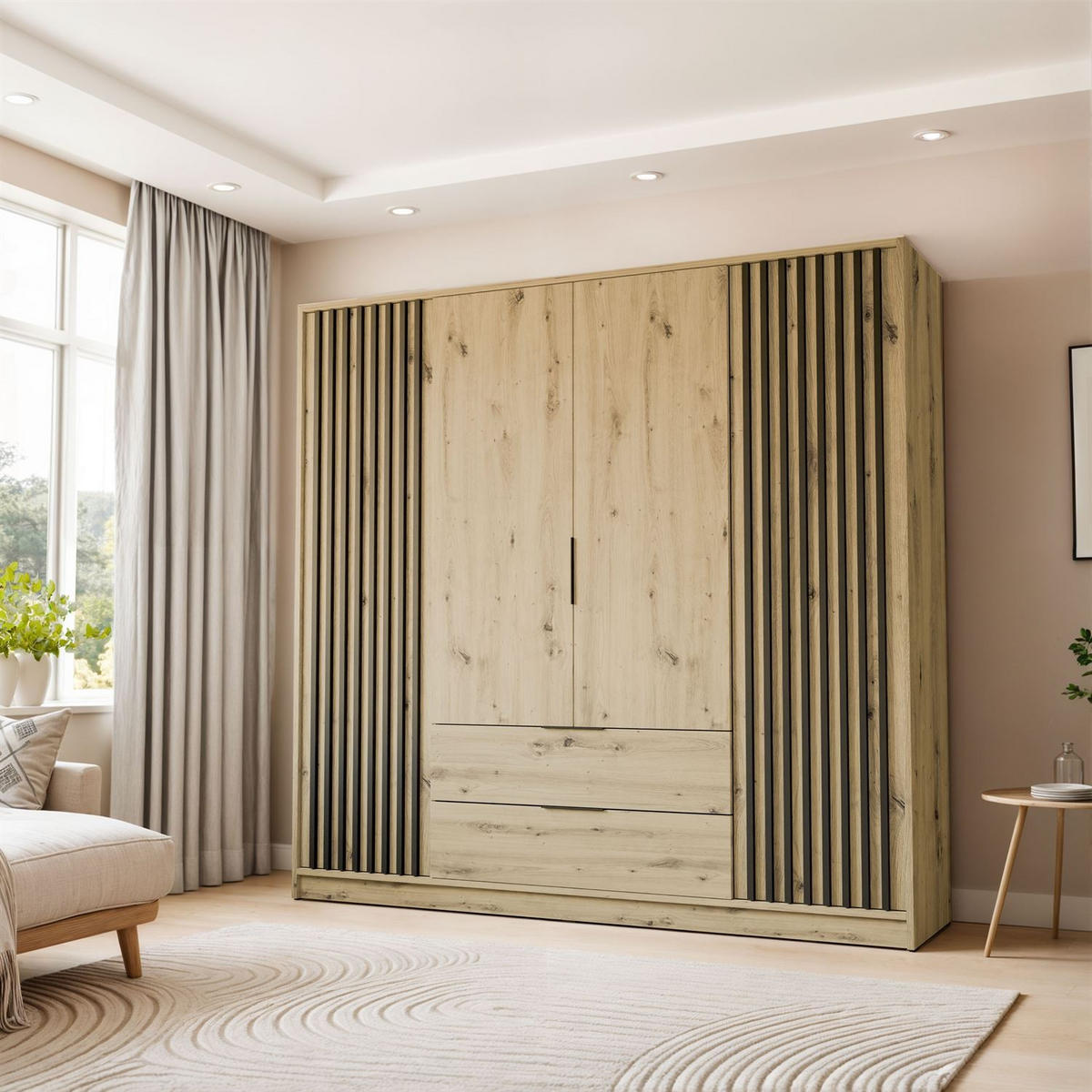 KLEIDERSCHRANK NELA, viertürig mit Lamellen, 206 cm, Artisan/Schwarz - Eiche Artisan, Holzwerkstoff (206/200/51cm) - Lookway