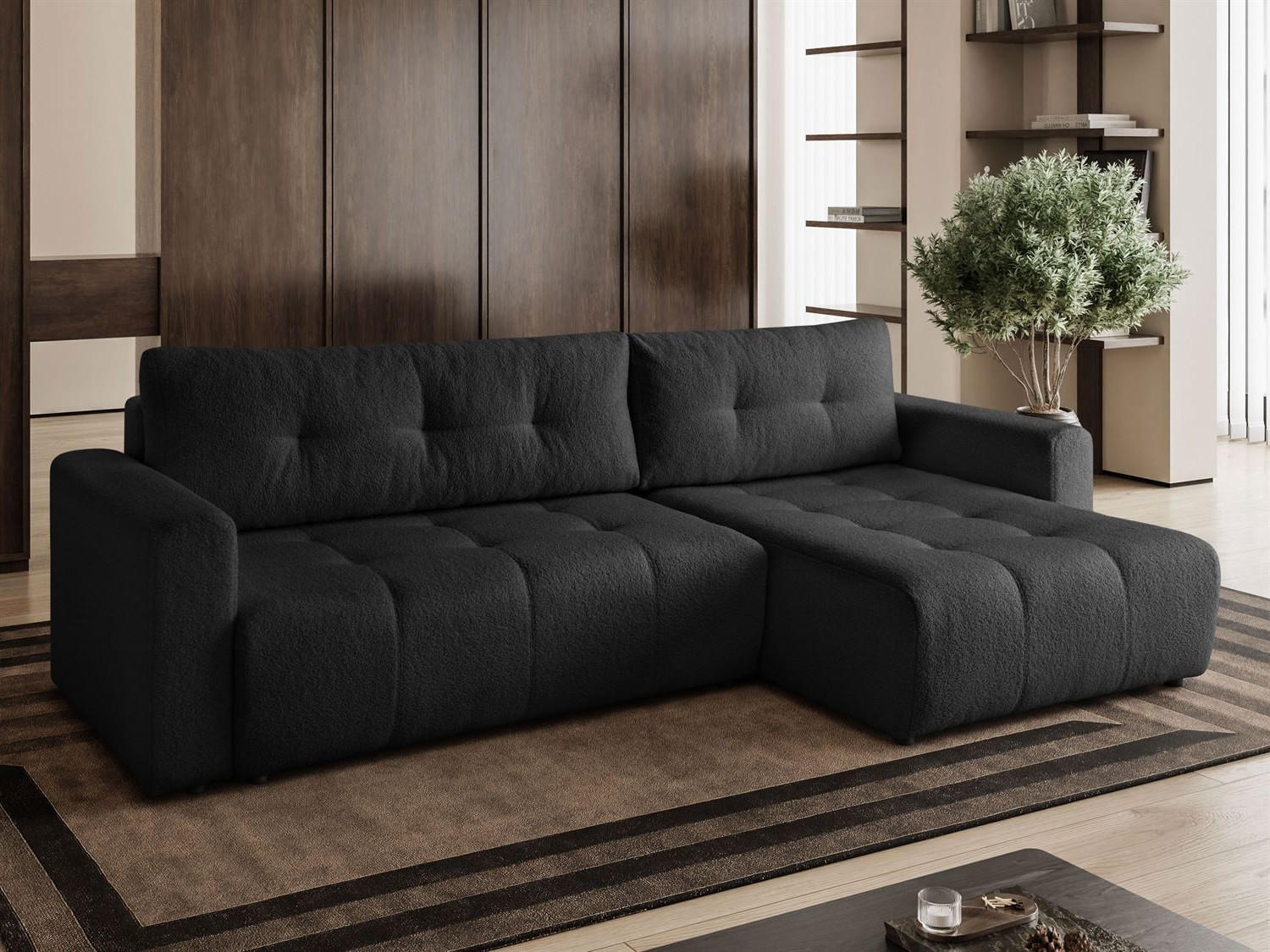 ECKSOFA VIENNA Stil Bettkasten und Funktionalität Bouclé Schwarz Rechts - Schwarz, Holz (261/143cm) - Kaiser Möbel