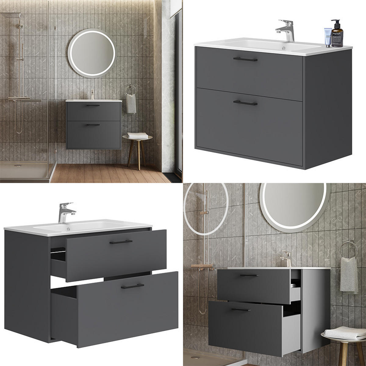 WASCHBECKENUNTERSCHRANK Lanco Anthrazit 80 x 61.5 cm mit Waschbecken - Anthrazit, Holzwerkstoff (80/61.5/45.5cm) - Vicco