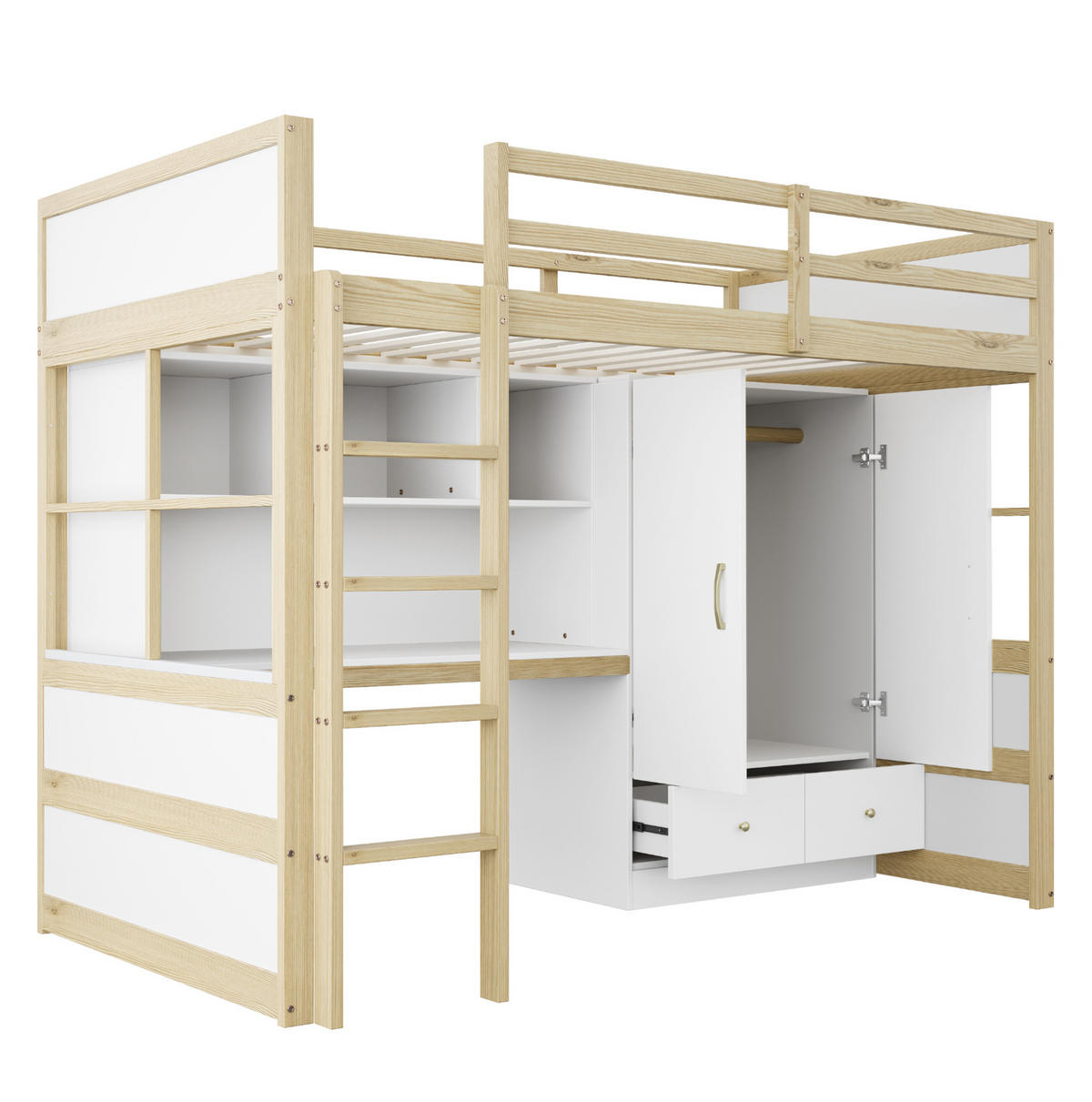 HOCHBETT 90/200 cm in Naturfarbe mit Schreibtisch, Kleiderschrank und Schubladen - Naturfarben, Holz (90/200cm) - Flora Grace