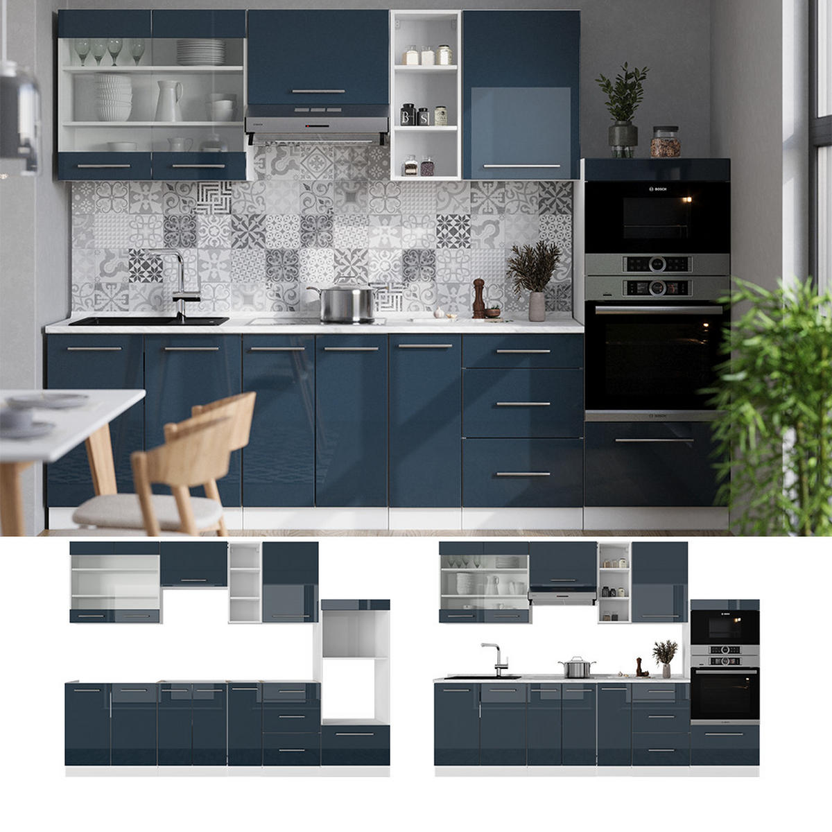 KÜCHENZEILE Fame-Line Dunkelblau Hochglanz/Weiß 280 cm, AP Anthrazit - Dunkelblau/Weiß, Holzwerkstoff (280/81.6/60cm) - Vicco