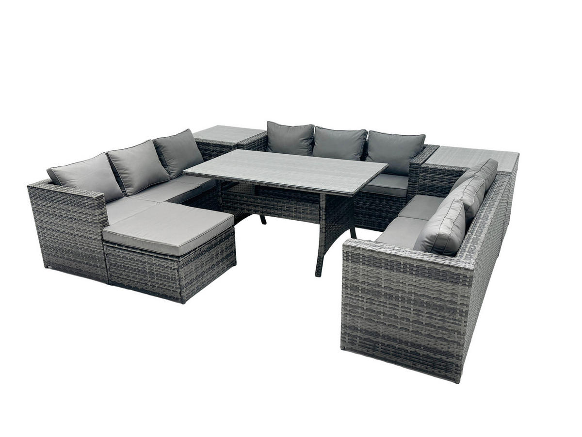 GARTENMÖBEL SET mit Beistelltischen,Esstisch Polyrattan 10-Sitzer - Dunkelgrau/Grau, Glas/Kunststoff - Fimous