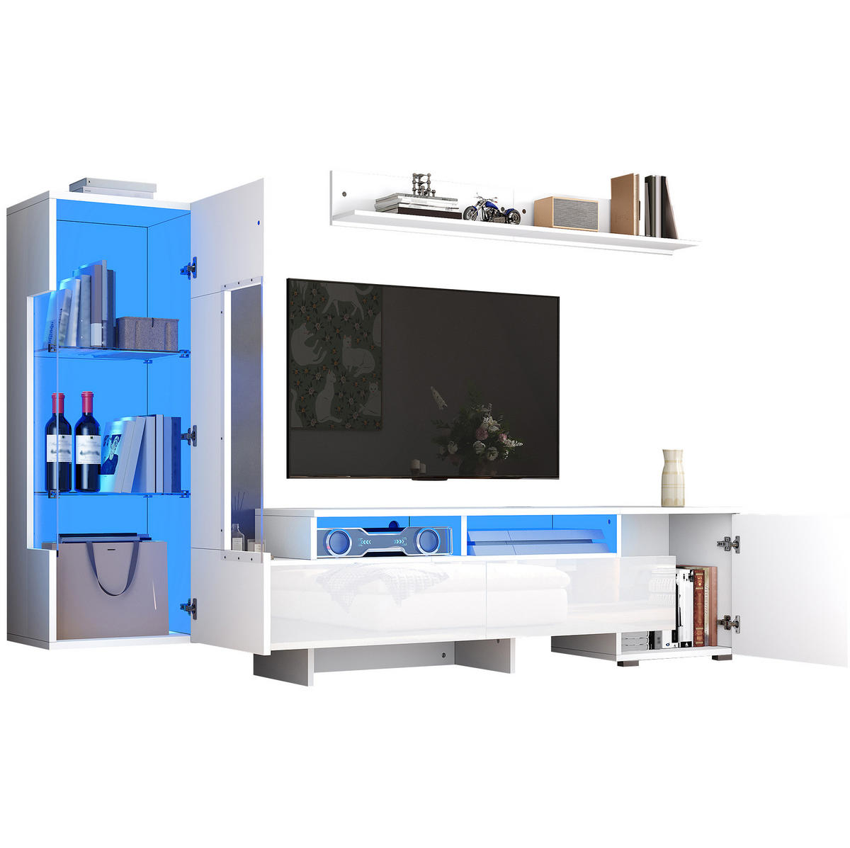 TV-LOWBOARD 3-teilig 170/35/45 cm mit LED-Beleuchtung, Hochglanzfronten und Soft-Close, Weiß - Weiß, Holzwerkstoff (170/45/35cm) - Redom