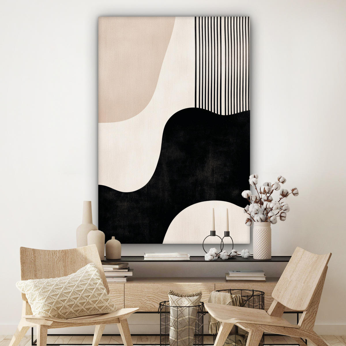 LEINWANDBILD Abstrakt - Japandi - Beige - Modern Deko Groß 90x140 cm - Schwarz, Textil (90/140cm) - MuchoWow