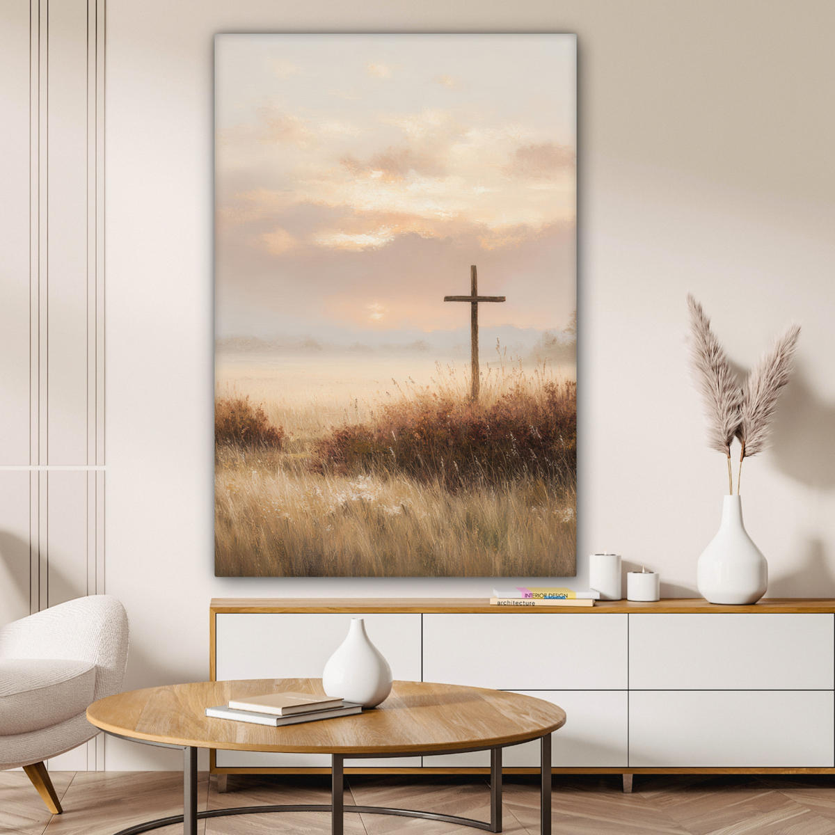 LEINWANDBILD Gras - Morgennebel - Kreuz - Christentum Deko Groß 90x140 cm - Beige, Textil (90/140cm) - MuchoWow