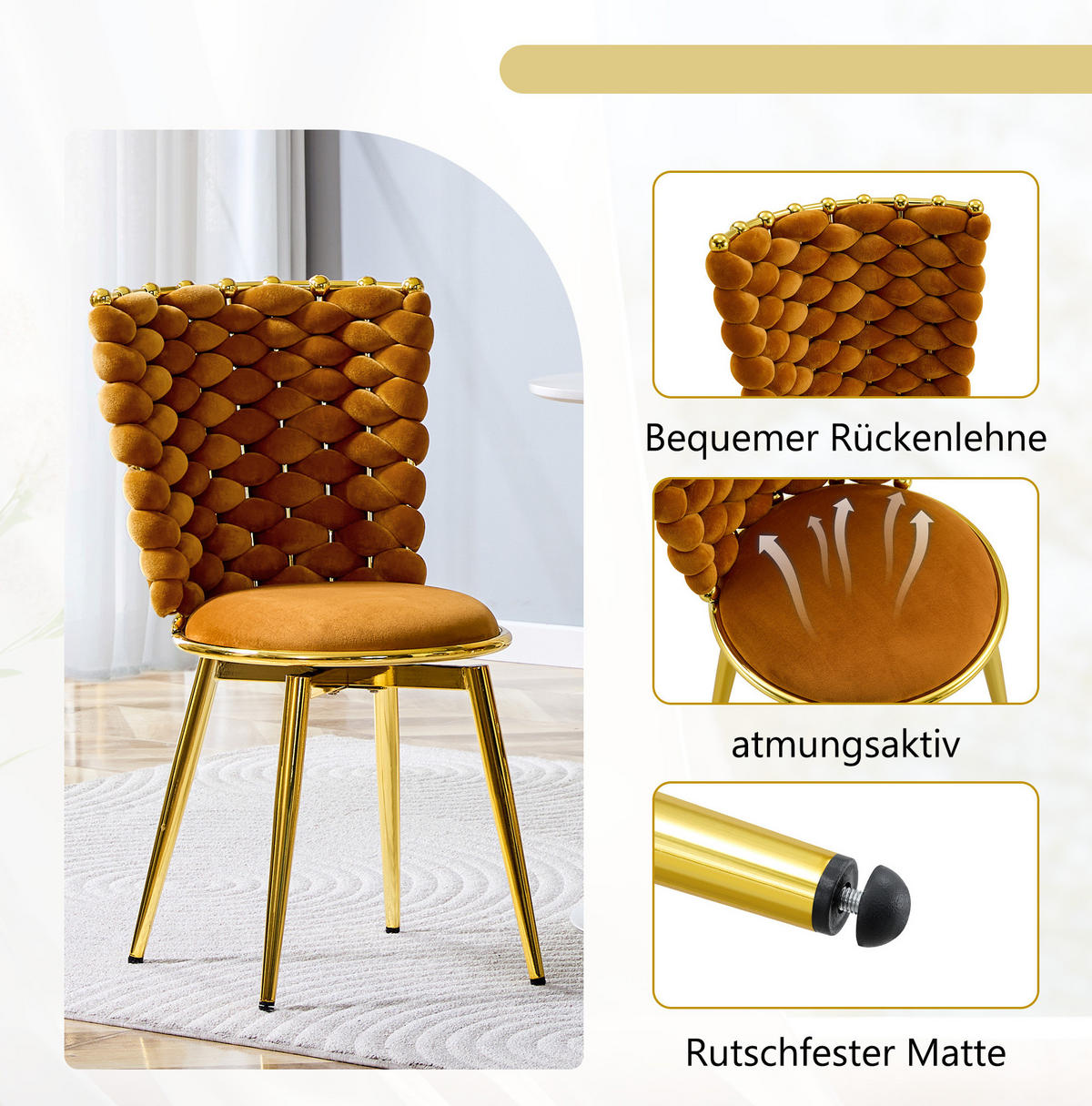 ESSZIMMERSTUHL 2er-Set Samt Orange mit goldfarbenen Beinen - Orange, Metall (50.8/87.63/53.3cm) - Meubliv