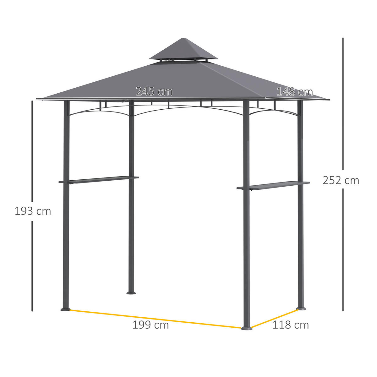 GRILLPAVILLON Doppeldach grau 245/148/252 cm - Grau, Metall (148/252/245cm) - ComfortXL