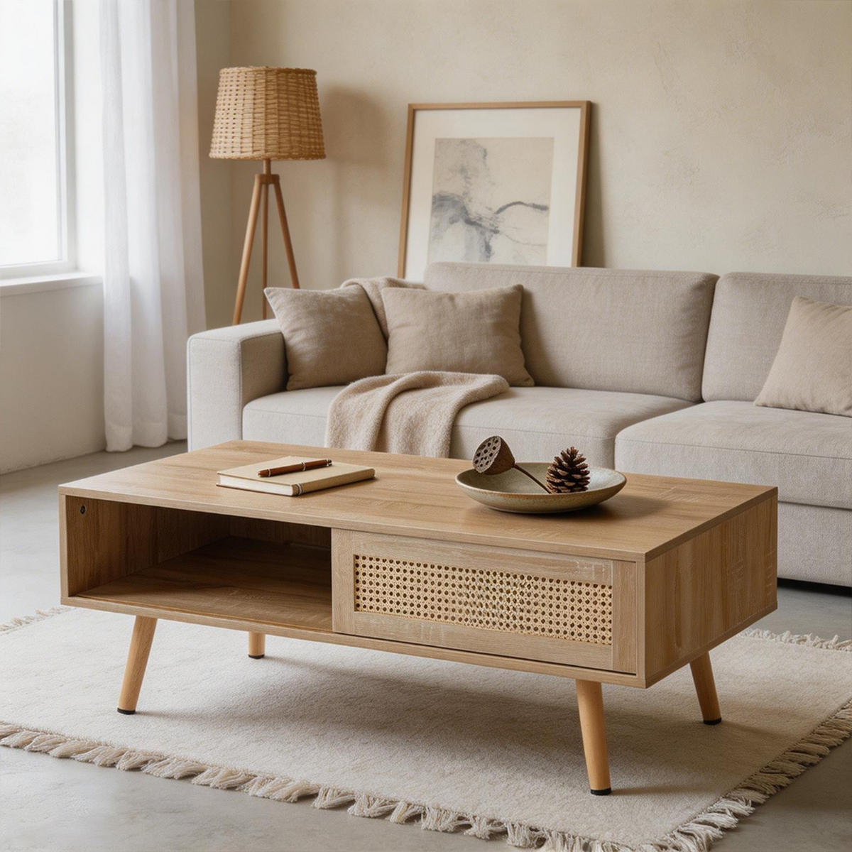 COUCHTISCH mit Stauraum, Holzwerkstoff und Rattan, Eiche - Eichefarben, Holzwerkstoff (105/55/40cm) - Meubles Cosy
