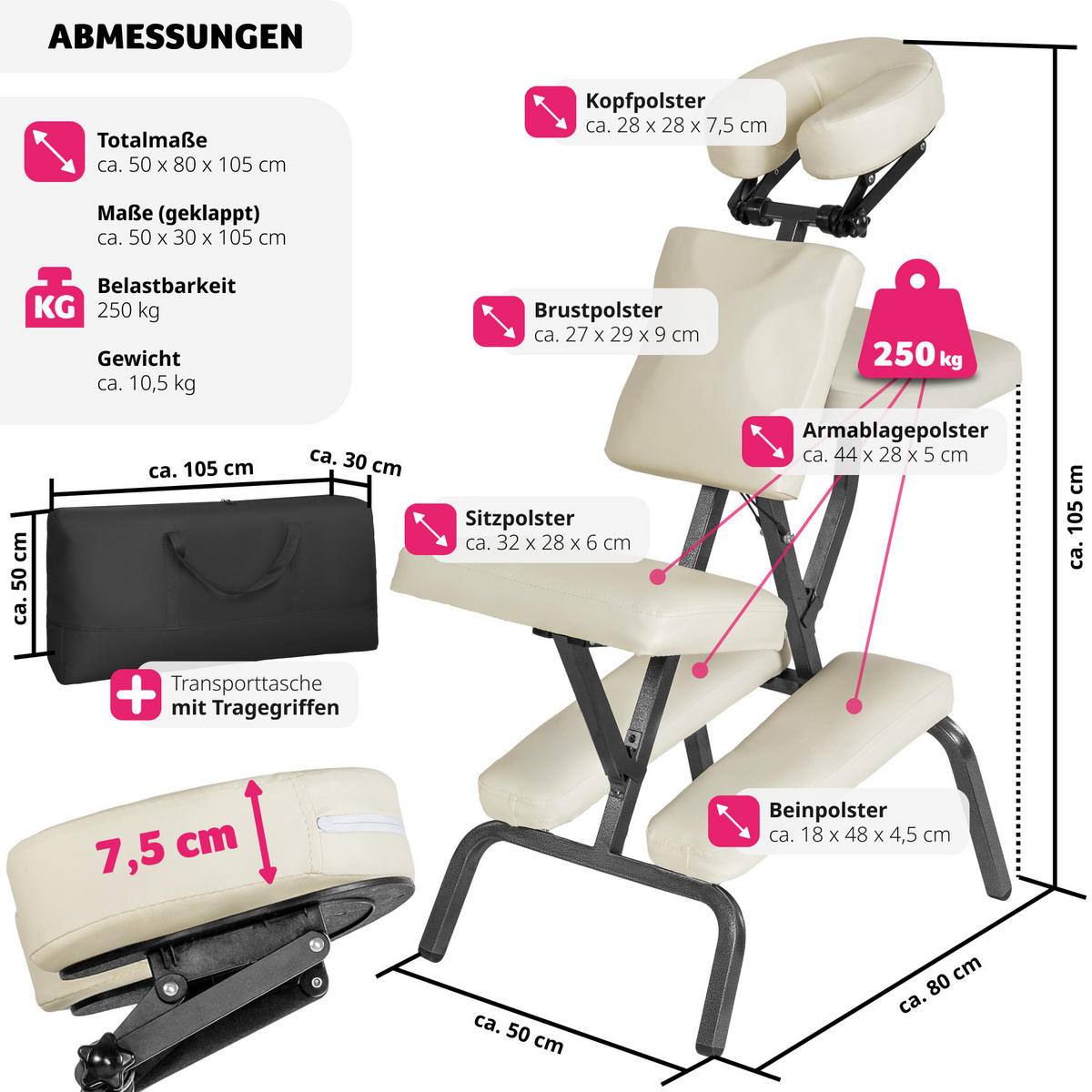 MASSAGESTUHL ,80 x 50 x 105 cm,beige - Beige, Metall (50/105/80cm) - tectake