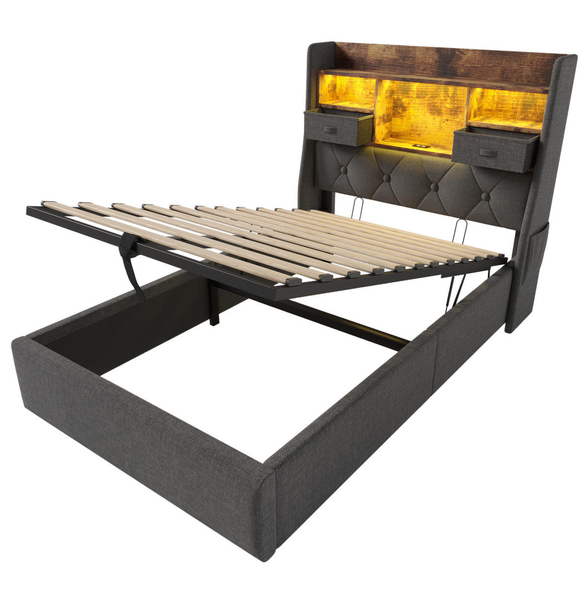POLSTERBETT 90/200 cm Grau mit Stauraum und LED, USB- und Type-C-Anschlüssen - Grau, Textil (90/200cm) - Flora Grace