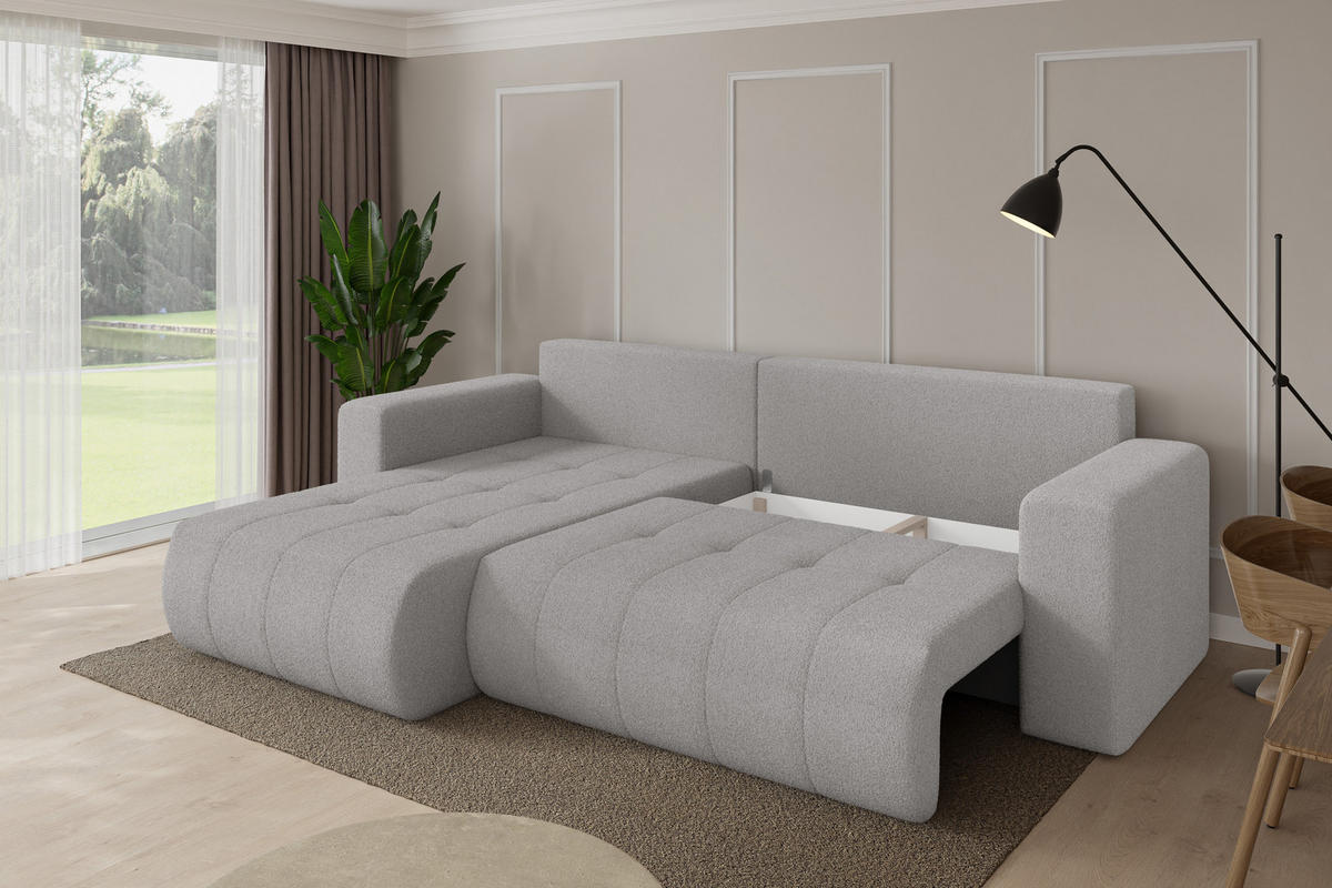 ROHOVÁ SEDAČKA s funkcí spaní, otoman vlevo MILA-L 277x194x86 světle šedá bouclé - černá/stříbrná, kompozitní dřevo/textil (277/194cm) - ALTDECOR