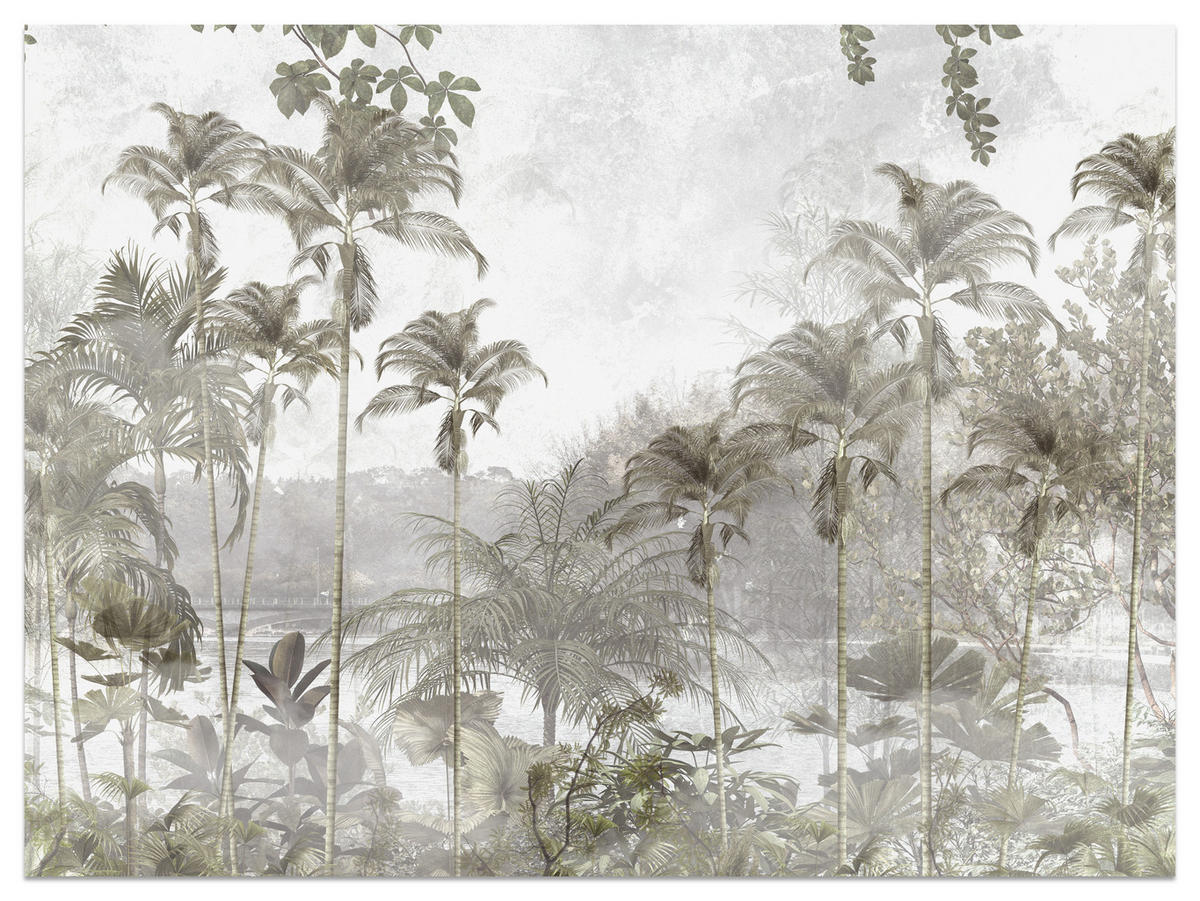 FOTOTAPETE für Wohnzimmer Tropische Bäume Fluss Grau Palmen 400x280 - Beige/Grau, Papier (400/280cm) - Muralo