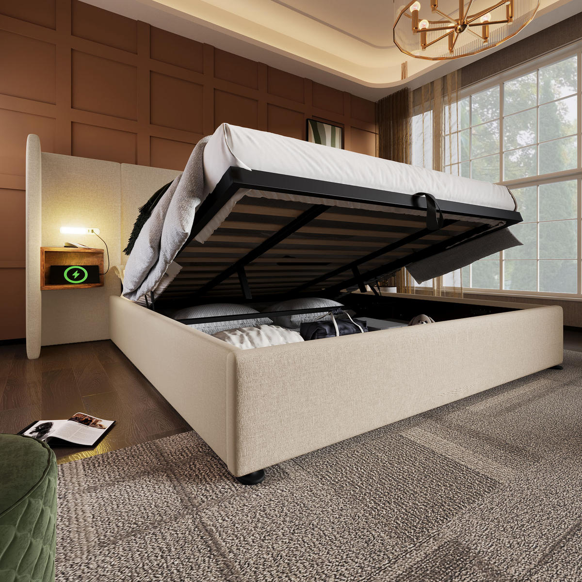 POLSTERBETT 180/200 cm mit hydraulischem Bettkasten, USB/Type-C & Leselampe, beige - Beige, Textil (180/200cm) - Redom