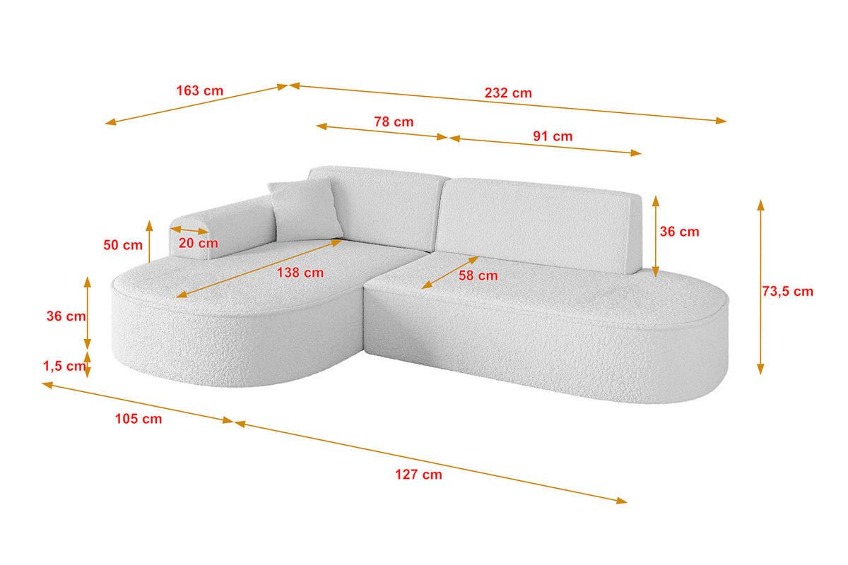 ECKSOFA Ottomane Links MARI-L1 - 232x163x73,5 cm Weiß Bouclé - Schwarz/Weiß, Holzwerkstoff/Kunststoff (163/234cm) - ALTDECOR
