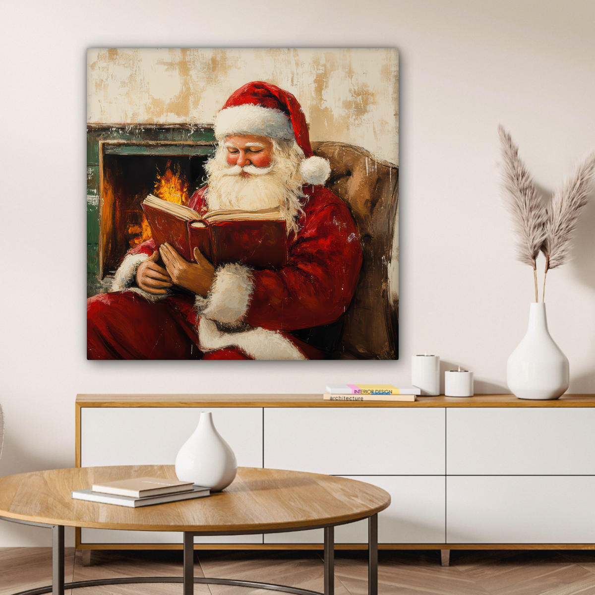 LEINWANDBILD Weihnachten - Weihnachtsmann - Winter - Open Fireside Deko Groß 90x90 cm - Dunkelrot, Textil (90/90cm) - MuchoWow