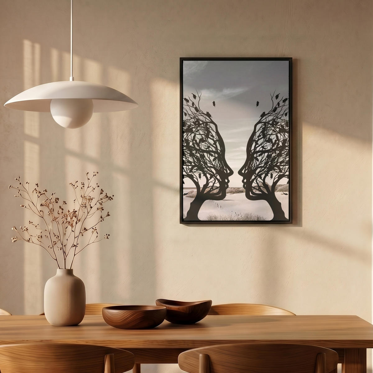 LEINWAND Bilder mit Rahmen - Strand - Meer - Menschen - Baum - Moderne Kunst - 40x60 - Hellgrau, Textil (40/60cm) - MuchoWow