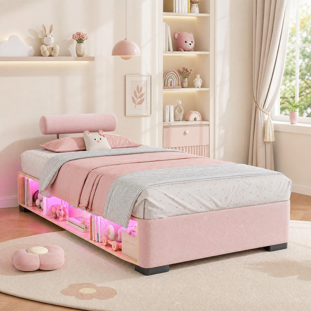 POLSTERBETT 90/200 mit LED-Seitenregal, offenem Stauraum und 3-seitig montierbaren Kopfstützen in Rosa - Rosa, Holzwerkstoff/Textil - EVRYAE