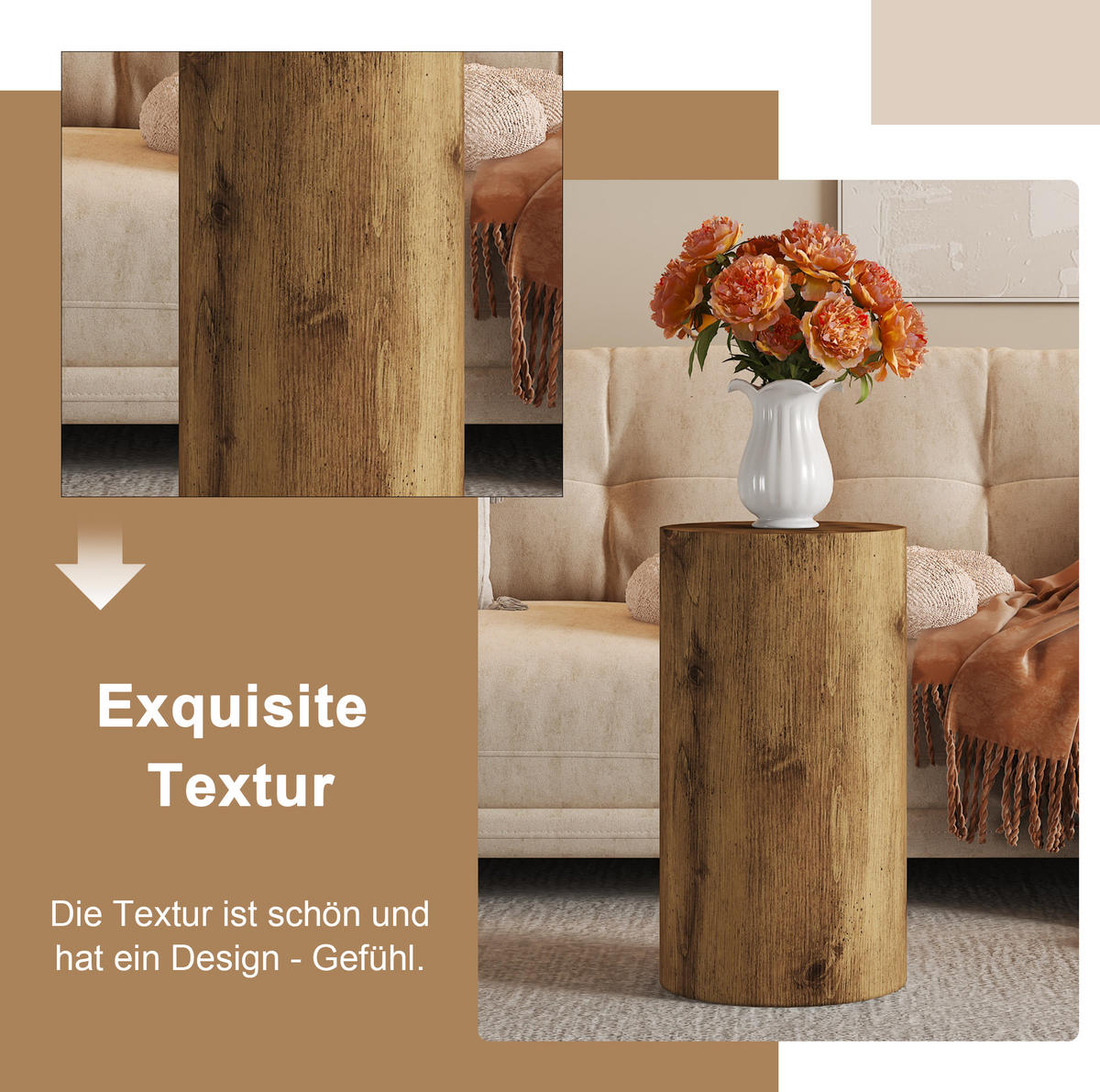 BEISTELLTISCH 30/55 cm, rund, aus MDF mit Holzoptik und montagefrei, Holzfarben - Naturfarben, Holzwerkstoff (30/30/55cm) - Modfu